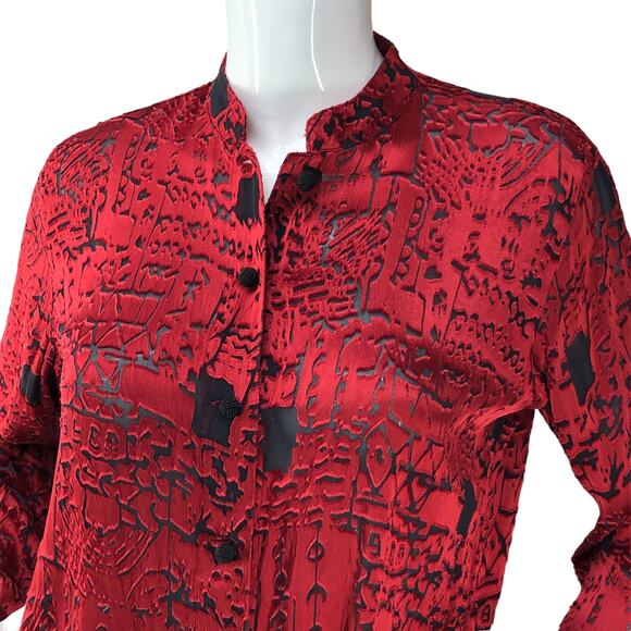 Chicos Design Womens Size 0 US 4 Top Silk Blend Burnout Shirt Button Front Red - Picture 2 of 14
